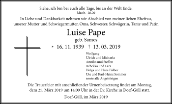 Traueranzeige von Luise Pape von Giessener Allgemeine, Alsfelder Allgemeine