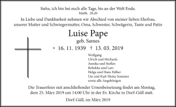 Traueranzeige von Luise Pape von Licher Wochenblatt