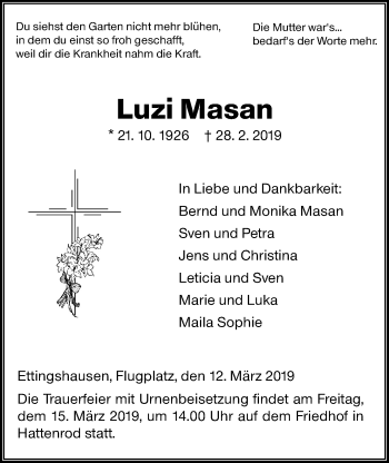 Traueranzeige von Luzi Masan von Giessener Allgemeine, Alsfelder Allgemeine