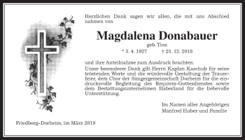 Traueranzeige von Magdalena Donabauer von Wetterauer Zeitung