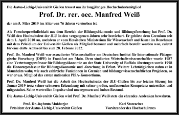 Traueranzeige von Manfred Weiß von Giessener Allgemeine, Alsfelder Allgemeine