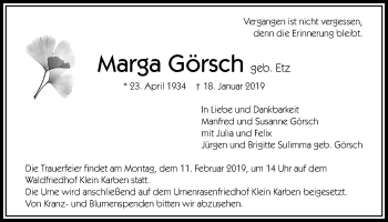 Traueranzeige von Marga Görsch von Bad Vilbel/Karben