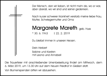 Traueranzeige von Margarete Mareth von Giessener Allgemeine, Alsfelder Allgemeine