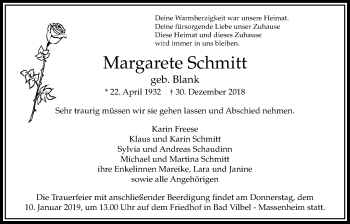 Traueranzeige von Margarete Schmitt von Bad Vilbel/Karben