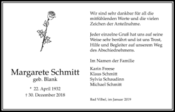 Traueranzeige von Margarete Schmitt von Bad Vilbel/Karben