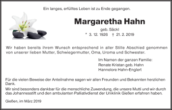 Traueranzeige von Margaretha Hahn von Giessener Allgemeine, Alsfelder Allgemeine