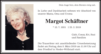 Traueranzeige von Margot Schäftner von Wetterauer Zeitung, Wetterauer Zeitung