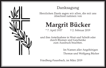 Traueranzeige von Margrit Bücker von Wetterauer Zeitung, Wetterauer Zeitung