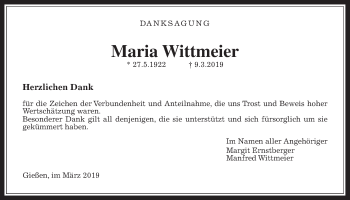 Traueranzeige von Maria Wittmeier von Giessener Allgemeine, Alsfelder Allgemeine