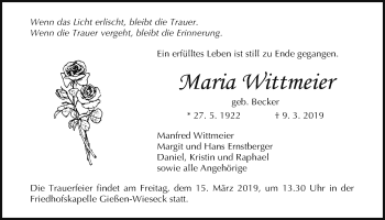Traueranzeige von Maria Wittmeier von Giessener Allgemeine, Alsfelder Allgemeine