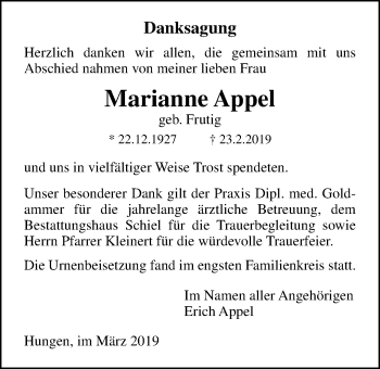 Traueranzeige von Marianne Appel von Licher Wochenblatt