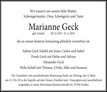 Traueranzeige von Marianne Geck von Giessener Allgemeine, Alsfelder Allgemeine