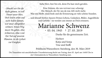 Traueranzeige von Marianne Schwenz von Giessener Allgemeine, Alsfelder Allgemeine