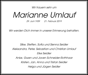 Traueranzeige von Marianne Umlauf von Bad Vilbel/Karben