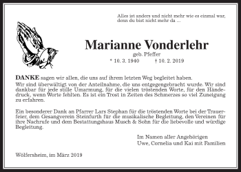 Traueranzeige von Marianne Vonderlehr von Wetterauer Zeitung, Wetterauer Zeitung
