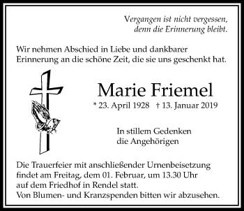 Traueranzeige von Marie Friemel von Bad Vilbel/Karben
