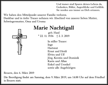 Traueranzeige von Marie Nachtigall von Giessener Allgemeine, Alsfelder Allgemeine