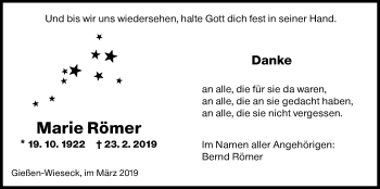 Traueranzeige von Marie Römer von Giessener Allgemeine, Alsfelder Allgemeine