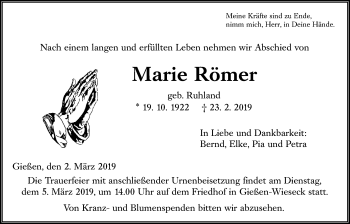 Traueranzeige von Marie Römer von Giessener Allgemeine, Alsfelder Allgemeine