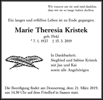 Traueranzeige von Marie Theresia Kristek von Giessener Allgemeine, Alsfelder Allgemeine