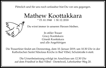 Traueranzeige von Mathew Koottakkara von Bad Vilbel/Karben