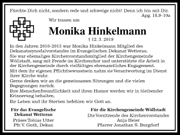 Traueranzeige von Monika Hinkelmann von Wetterauer Zeitung