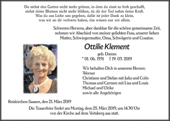 Traueranzeige von Ottilie Klement von Giessener Allgemeine, Alsfelder Allgemeine
