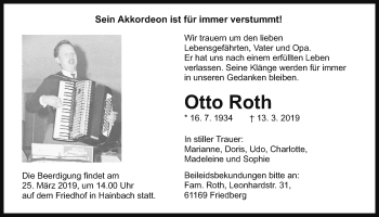 Traueranzeige von Otto Roth von Giessener Allgemeine, Alsfelder Allgemeine