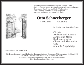 Traueranzeige von Otto Schneeberger von Wetterauer Zeitung
