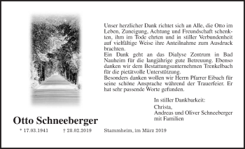 Traueranzeige von Otto Schneeberger von Wetterauer Zeitung