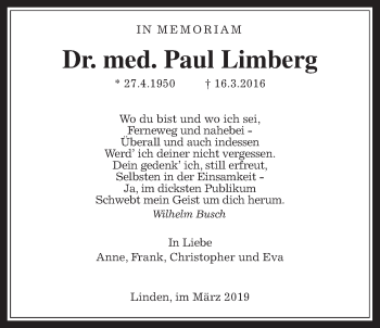 Traueranzeige von Paul Limberg von Giessener Allgemeine, Alsfelder Allgemeine