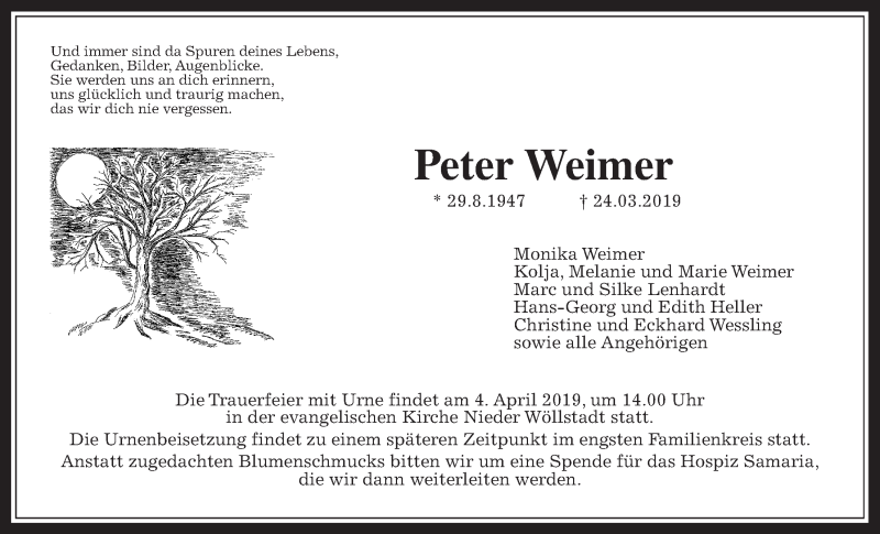  Traueranzeige für Peter Weimer vom 30.03.2019 aus Wetterauer Zeitung
