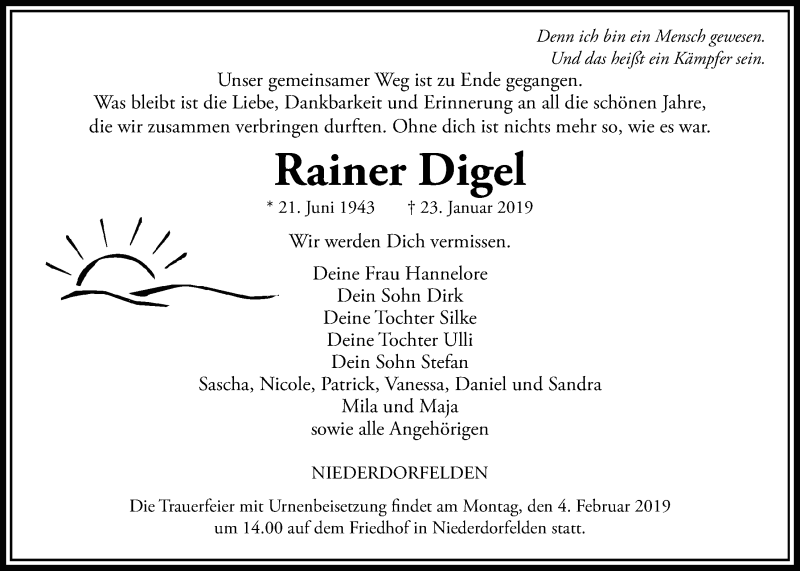  Traueranzeige für Rainer Digel vom 31.01.2019 aus Bad Vilbel/Karben