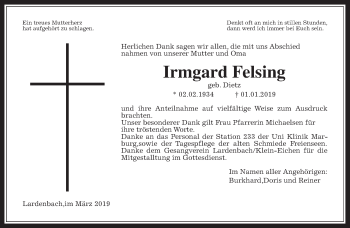 Traueranzeige von Irmgard Felsing von Giessener Allgemeine, Alsfelder Allgemeine