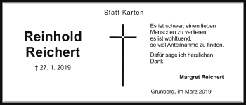 Traueranzeige von Reinhold Reichert von Giessener Allgemeine, Alsfelder Allgemeine