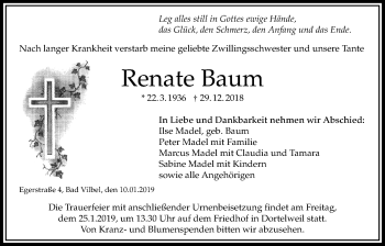 Traueranzeige von Renate Baum von Bad Vilbel/Karben