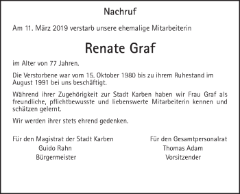 Traueranzeige von Renate Graf von Wetterauer Zeitung
