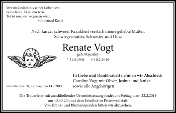 Traueranzeige von Renate Vogt von Bad Vilbel/Karben