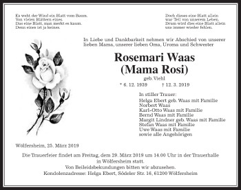 Traueranzeige von Rosemarie Waas von Wetterauer Zeitung