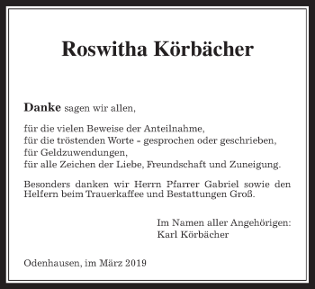 Traueranzeige von Roswitha Körbächer von Rabenauer Zeitung