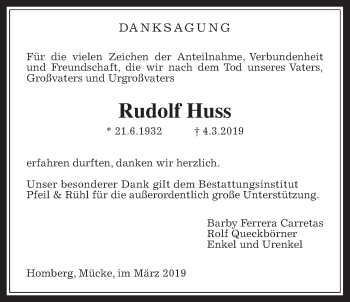 Traueranzeige von Rudolf Huss von Alsfelder Allgemeine
