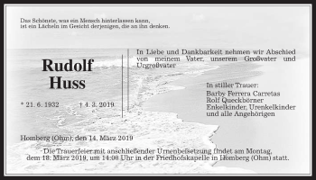 Traueranzeige von Rudolf Huss von Alsfelder Allgemeine