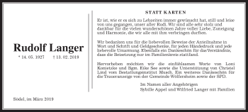 Traueranzeige von Rudolf Langer von Wetterauer Zeitung