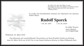 Traueranzeige von Rudolf Sporck von Wetterauer Zeitung