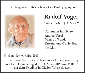 Traueranzeige von Rudolf Vogel von Giessener Allgemeine, Alsfelder Allgemeine