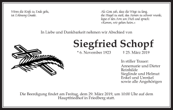 Traueranzeige von Siegfried Schopf von Wetterauer Zeitung
