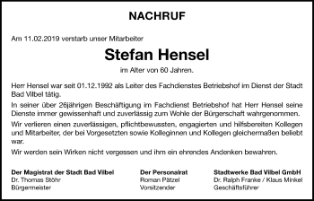 Traueranzeige von Stefan Hensel von Bad Vilbel/Karben