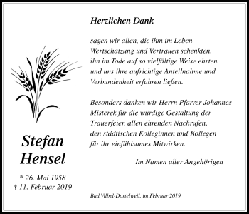Traueranzeige von Stefan Hensel von Bad Vilbel/Karben