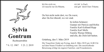 Traueranzeige von Sylvia Gontrum von Giessener Allgemeine, Alsfelder Allgemeine