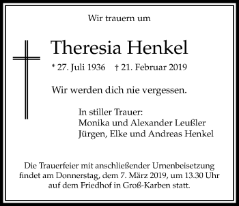 Traueranzeige von Theresia Henkel von Bad Vilbel/Karben